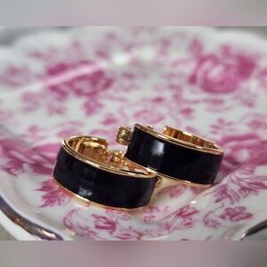 Vintage Monet Black Enamel Hoop Pierced Earrings in Gold Signed